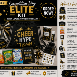 Competition Day Elite Cheer Kit product graphic showing a red and black cheer drawstring bag, bow, wristbands, snacks, lip balm, hair kit, hype card, keychain, and face stickers.