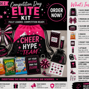 Pink Competition Day Elite Cheer Kit product graphic showing a red and black cheer drawstring bag, bow, wristbands, snacks, lip balm, hair kit, hype card, keychain, and face stickers.