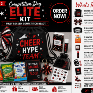 Red Competition Day Elite Cheer Kit product graphic showing a red and black cheer drawstring bag, bow, wristbands, snacks, lip balm, hair kit, hype card, keychain, and face stickers.