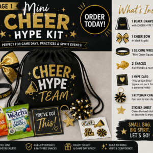 Gold and black Mini Cheer Hype Kit featuring a cheer drawstring bag with cheer bow, silicone wristband, snacks, hype card, keychain charm, and sticker sheet.