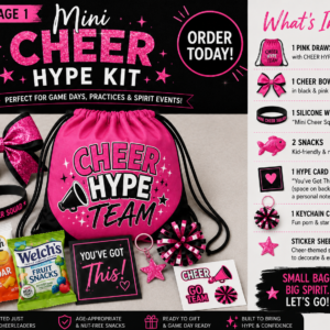 Pink and black Mini Cheer Hype Kit featuring a cheer drawstring bag with cheer bow, silicone wristband, snacks, hype card, keychain charm, and sticker sheet.