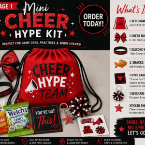 Red and black Mini Cheer Hype Kit featuring a cheer drawstring bag with cheer bow, silicone wristband, snacks, hype card, keychain charm, and sticker sheet.