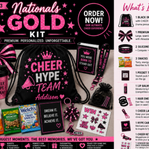 Nationals Pnik Cheer Kit product graphic showing a red and black cheer drawstring bag, premium bow, wristbands, snacks, lip balm, hair kit, lanyard, hype card, keychain, and stickers.