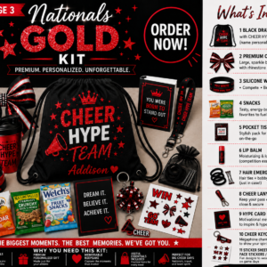 Nationals Cheer Kit product graphic showing a red and black cheer drawstring bag, premium bow, wristbands, snacks, lip balm, hair kit, lanyard, hype card, keychain, and stickers.