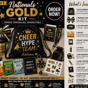 Nationals Gold Cheer Kit product graphic showing a red and black cheer drawstring bag, premium bow, wristbands, snacks, lip balm, hair kit, lanyard, hype card, keychain, and stickers.