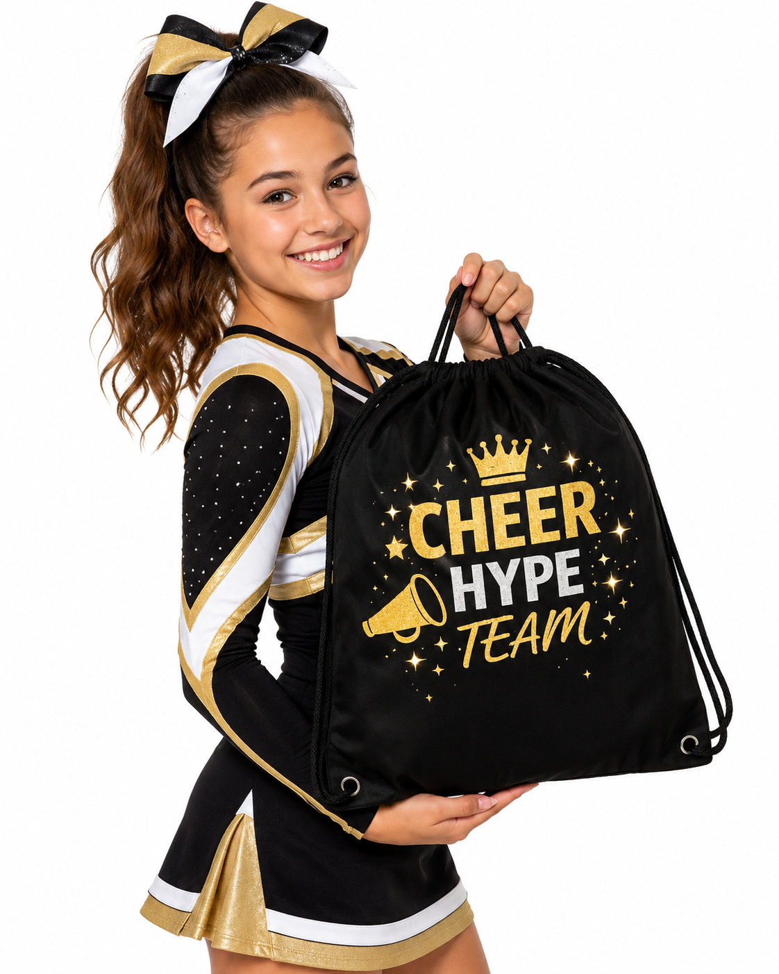 Cheer team goodie bags for cheerleaders with bows, wristbands, keychains, stickers and team spirit gifts