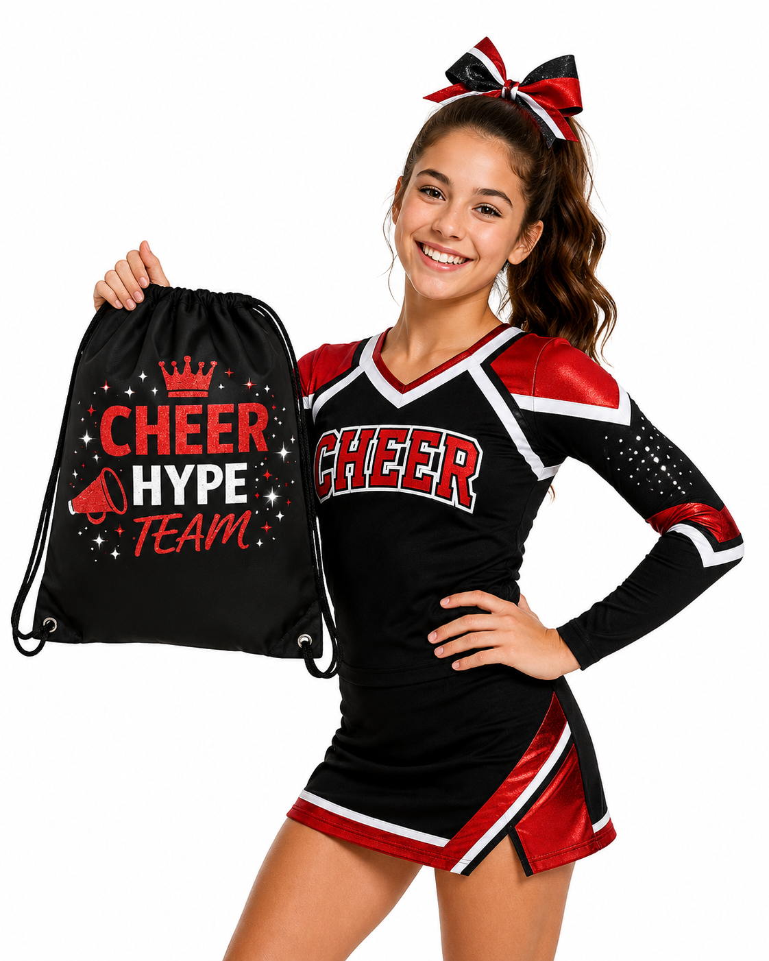 Youth cheer team goodie bags for girls with cheer accessories and team spirit items